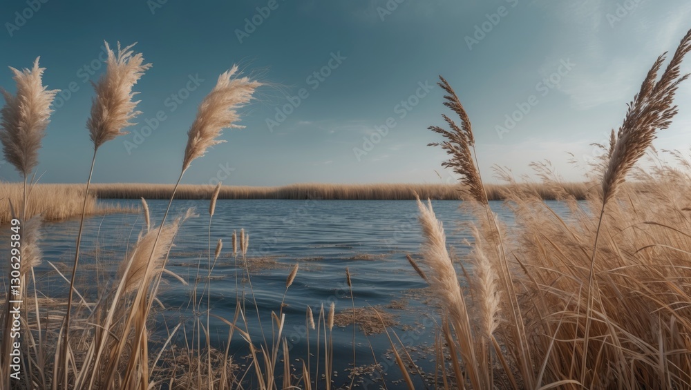 Fototapeta premium Lakeside scene featuring pampas grass, a layer of reeds, and reed seeds. Golden grasses sway gently against a backdrop of a clear blue sky. An abstract depiction of nature, showcasing a serene patt...
