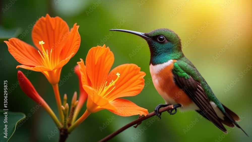 Fototapeta premium Chilean giant hummingbird perched on vibrant orange abutilon flowers in the garden.