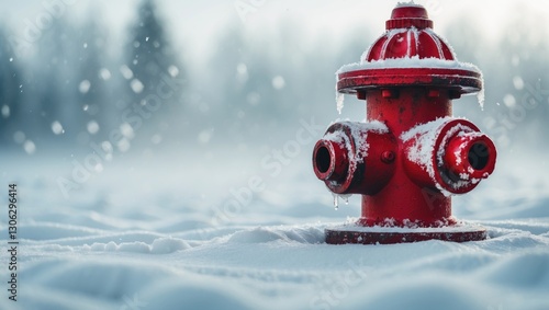 Bright red fire hydrant nearly covered by snow, featuring ample space for text.