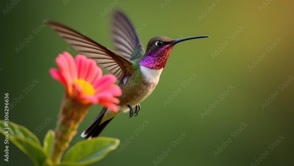 Fototapeta premium Male Allens Hummingbird (Selasphorus sasin) hovering near a blossom against a lush green backdrop