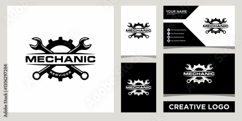 mechanic services logo design template with business card design	

