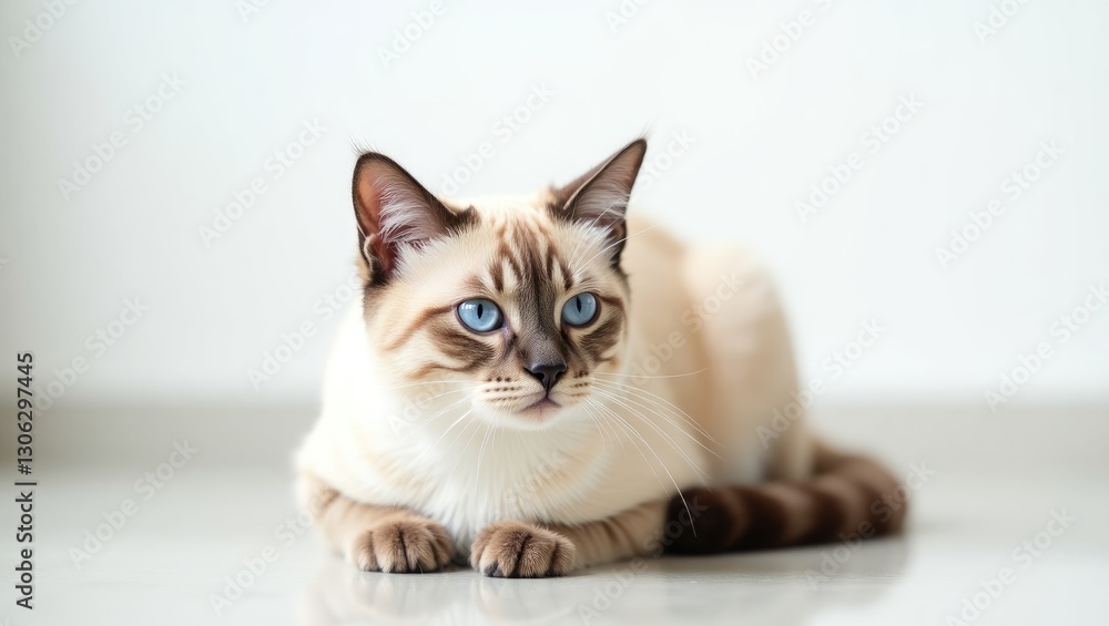 Light-colored feline with striking blue eyes resting on a smooth floor against a white wall backdrop. Light-colored feline with striking blue eyes resting on a smooth floor against a white wall backdrop.