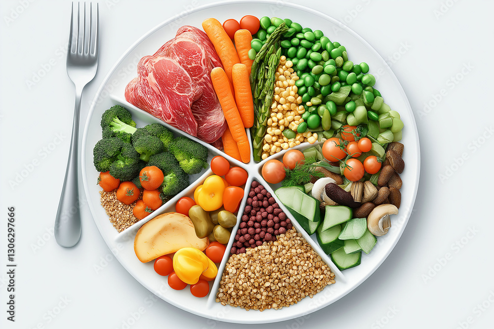 Dash diet nutrition vegetables. Healthy grains. Low sodium minerals. Balanced plate showcasing food sections for proteins in DASH diet. Dash diet nutrition vegetables. Healthy grains. Low sodium minerals. Balanced plate showcasing food sections for proteins in DASH diet.