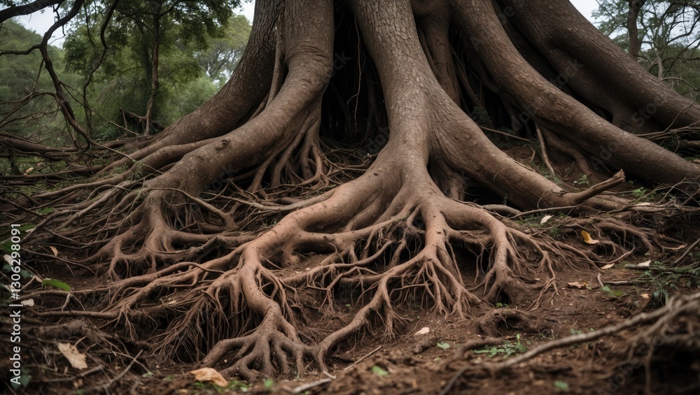Uprooted massive tree showcasing its exposed roots after enduring a fierce storm.