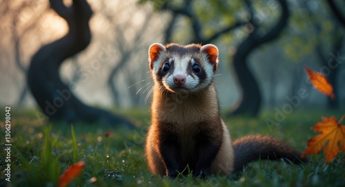 Ferret posing in a park setting photo