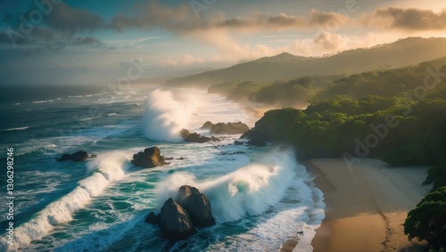 Bird's Eye Perspective of Playa Grande in Guanacaste, Costa Rica, Featuring Large Waves, Rocks, and a Lush Environment from Las Baulas Marine National Park photo