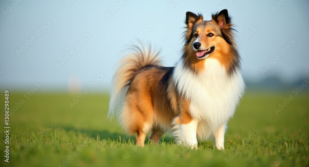 A charming Shetland Sheepdog is standing on the lawn, awaiting patiently. A charming Shetland Sheepdog is standing on the lawn, awaiting patiently.