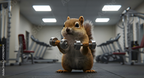Funny Squirrel Working Out With Dumbbells in a Gym	