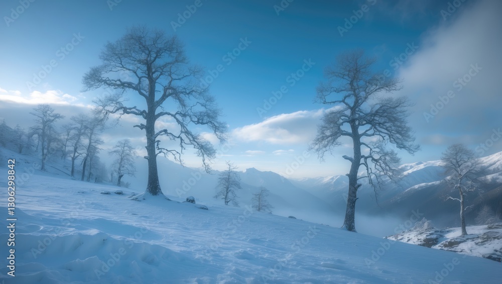 Bare trees on a snowy landscape under a clear blue sky Bare trees on a snowy landscape under a clear blue sky
