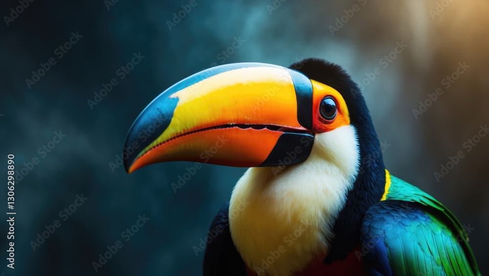 Stunning toucan, a striking exotic bird featuring a large and robust beak in close-up view.
