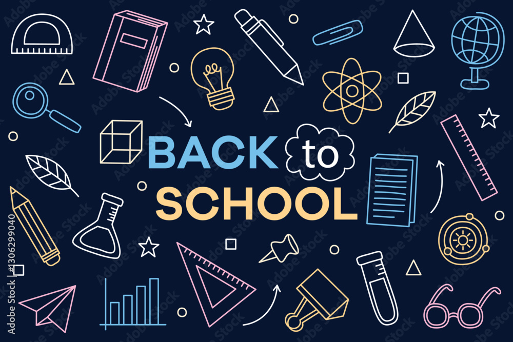 Vector pattern from school supplies in hand drawn style. Back to school. Backpack, globe, pencil, notebook, stationery and books. Vector pattern from school supplies in hand drawn style. Back to school. Backpack, globe, pencil, notebook, stationery and books.