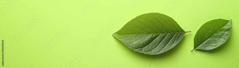 Obraz premium Two green leaves on lime background, nature concept