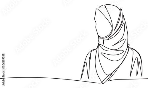 Arabian woman one line continuous. Woman with hijab line art. Hand drawn vector art.