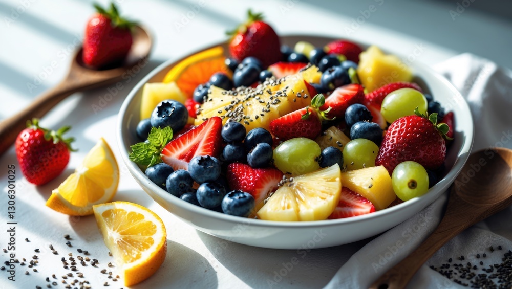 Easy fruit salad. Dice your preferred fruits into a bowl and mix in lemon and chia seeds. Easy fruit salad. Dice your preferred fruits into a bowl and mix in lemon and chia seeds.