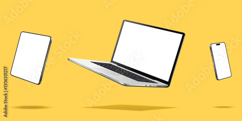 Laptop computer, smartphone and tablet while levitating in the air on a yellow background