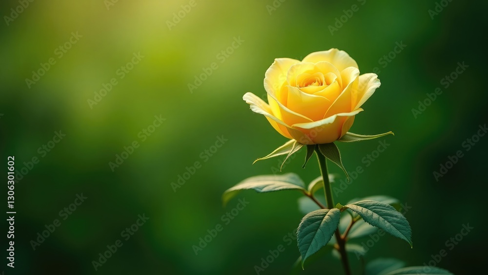 Lone yellow rose with foliage on verdant backdrop. exquisite blossom. premium quality image. Lone yellow rose with foliage on verdant backdrop. exquisite blossom. premium quality image.
