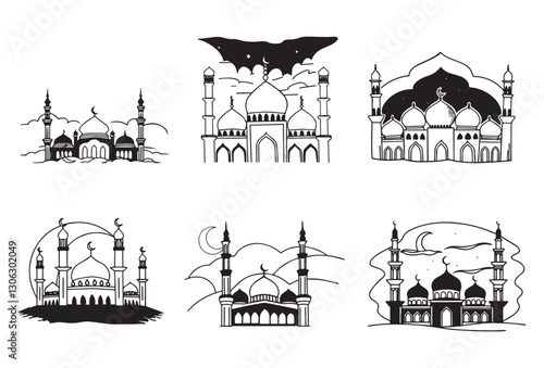 Graceful Mosque Silhouettes Pack,Minimalist Mosque Silhouettes: 6 Variations in Vector Format.