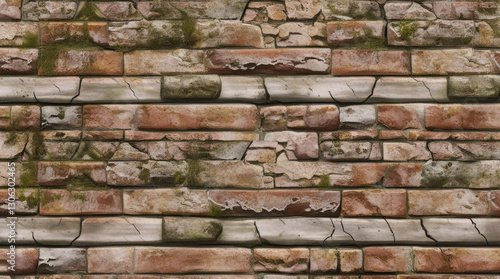 Weathered Brick Wall with Moss and Cracks