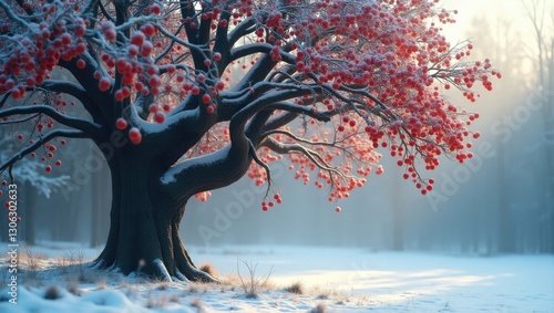 Winter scene of a Rowan tree adorned with clusters of bright red rowans covered in snow and frost on its branches.