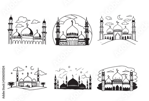 Graceful Mosque Silhouettes Pack,Minimalist Mosque Silhouettes: 6 Variations in Vector Format.