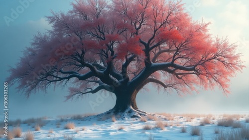Winter scene featuring a Rowan tree adorned with clusters of bright red rowans covered in snow and frost on its branches.