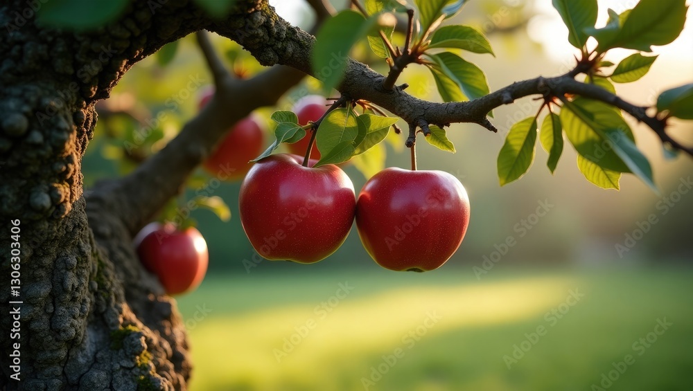 Juicy red apples hang from the branches of an apple tree in the garden, perfectly poised for picking. Juicy red apples hang from the branches of an apple tree in the garden, perfectly poised for picking.