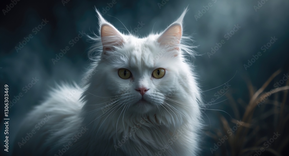 Image of a fluffy white feline with striking yellow eyes Image of a fluffy white feline with striking yellow eyes