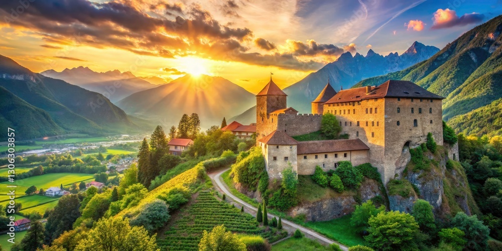 Fototapeta premium Maretsch Castle Bolzano Long Exposure Summer Sun, Italian Castle Photography, Bozen Medieval Architecture, July 2024