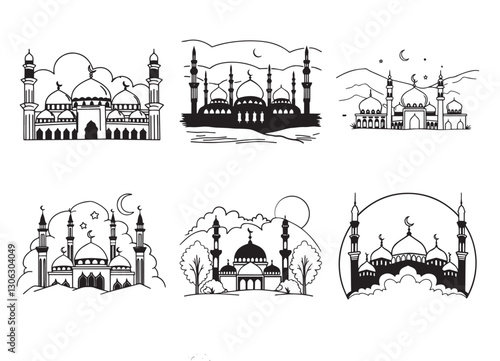 Graceful Mosque Silhouettes Pack,Minimalist Mosque Silhouettes: 6 Variations in Vector Format.