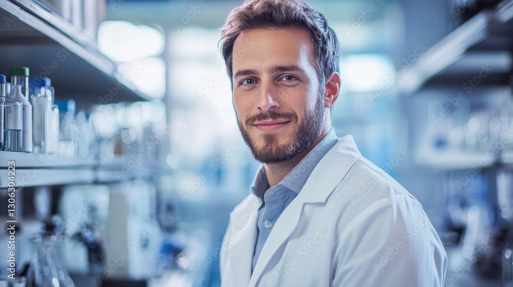 A young European man wearing a lab coat smiles confidently in a modern laboratory. The scene captures the essence of scientific research and innovation. A young European man wearing a lab coat smiles confidently in a modern laboratory. The scene captures the essence of scientific research and innovation.