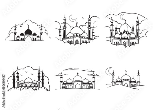 Graceful Mosque Silhouettes Pack,Minimalist Mosque Silhouettes: 6 Variations in Vector Format.