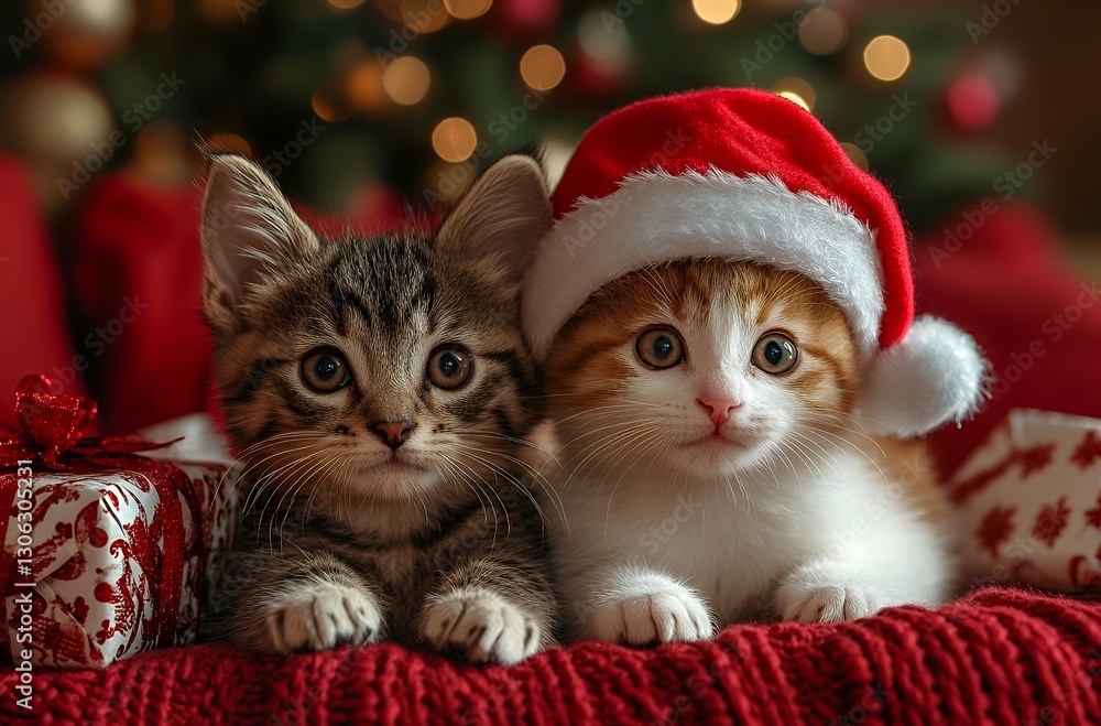 Adorable Kittens in Christmas Hats Surrounded by Festive Decorations Adorable Kittens in Christmas Hats Surrounded by Festive Decorations