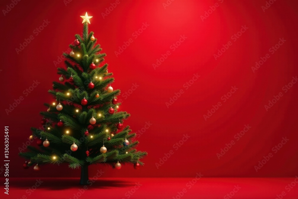 A Festive Christmas Tree with Warm Lights and Ornaments Against a Vibrant Red Background A Festive Christmas Tree with Warm Lights and Ornaments Against a Vibrant Red Background