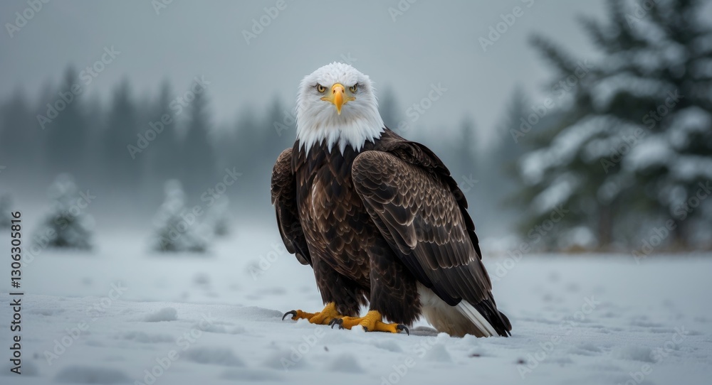 Young Bald Eagle perched on snow-covered ground. Haliaeetus leucocephalus washingtoniensis Young Bald Eagle perched on snow-covered ground. Haliaeetus leucocephalus washingtoniensis