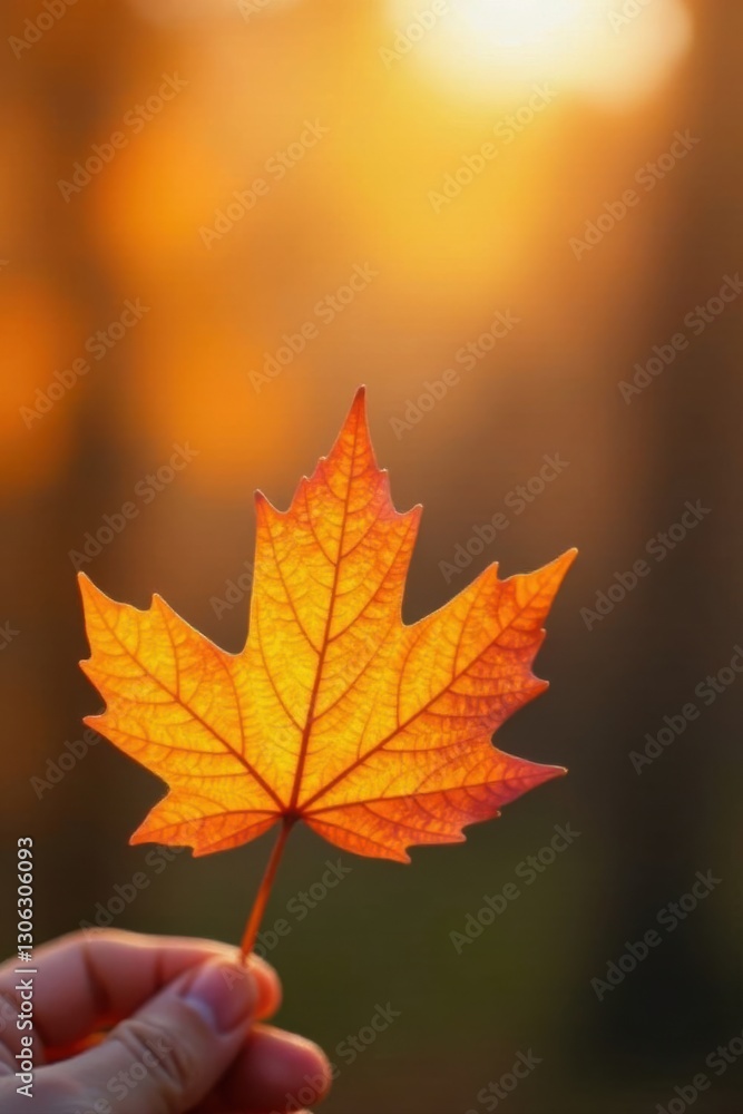 A Single Autumn Leaf Held Gently in a Hand, Backlit by the Warm Glow of the Setting Sun, Evoking Feelings of Tranquility and the Beauty of Nature's Seasonal Change A Single Autumn Leaf Held Gently in a Hand, Backlit by the Warm Glow of the Setting Sun, Evoking Feelings of Tranquility and the Beauty of Nature's Seasonal Change