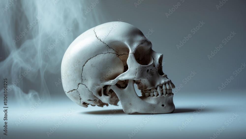 Side profile of a human skull with an open mouth displayed against a blank white backdrop. Side profile of a human skull with an open mouth displayed against a blank white backdrop.
