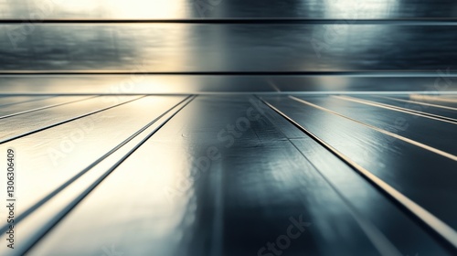 Empty metallic conveyor belt in industrial setting with light glow