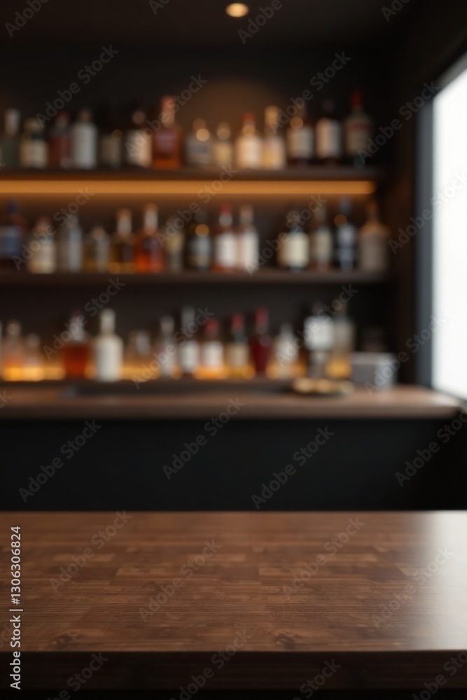 A Dark Wood Bar Top with a Blurred Background of a Well-Stocked Liquor Cabinet A Dark Wood Bar Top with a Blurred Background of a Well-Stocked Liquor Cabinet