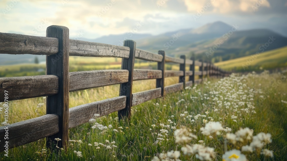 A wooden fence running through a rural landscape, with space in the upper right for text, evoking nostalgia for farm life A wooden fence running through a rural landscape, with space in the upper right for text, evoking nostalgia for farm life