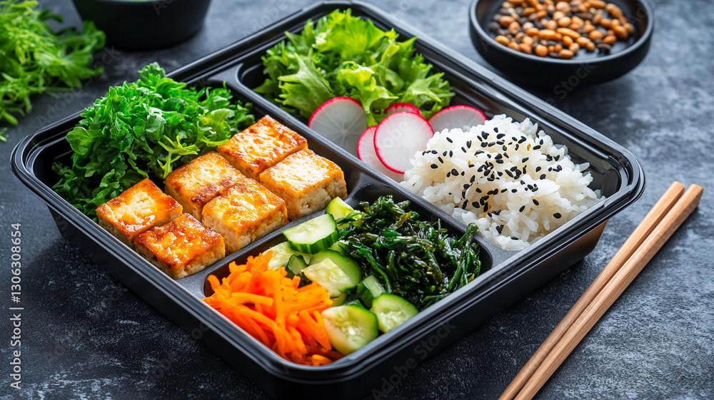 Vegan Japanese bento with tofu, rice, and fresh vegetables Vegan Japanese bento with tofu, rice, and fresh vegetables