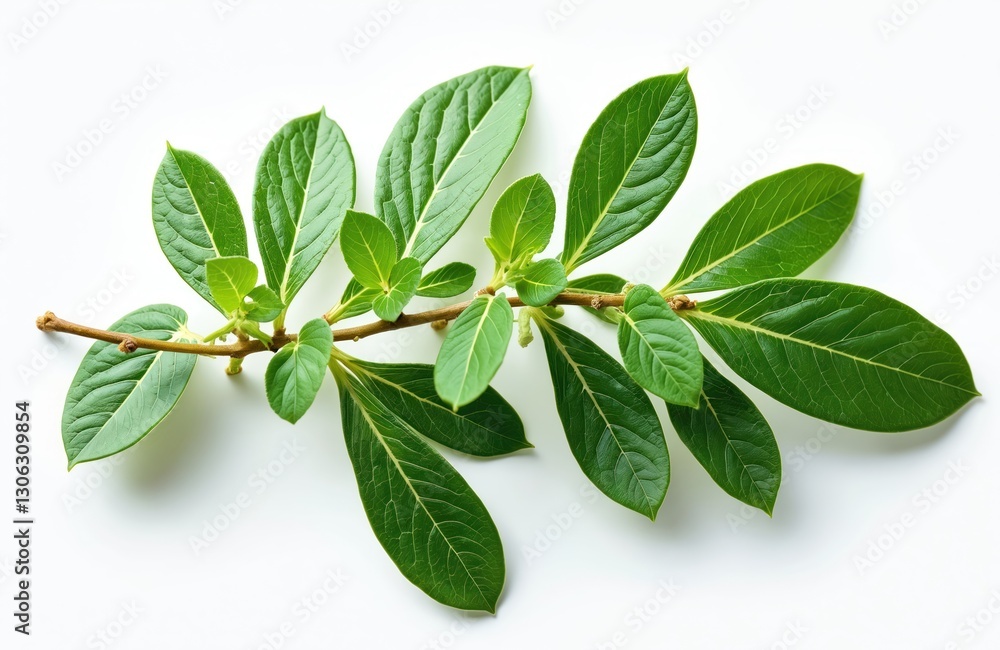 Obraz premium Isolated branch with fresh green leaves on white backdrop. Vibrant natural foliage for culinary use, ingredient for cooking, or decorative design element. Ideal for eco, organic lifestyle concepts.