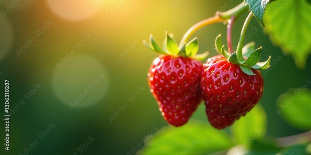 Two ripe strawberries hanging on a branch bathed in sunlight, showcasing their vibrant red color and glistening texture against a softly blurred green background Two ripe strawberries hanging on a branch bathed in sunlight, showcasing their vibrant red color and glistening texture against a softly blurred green background