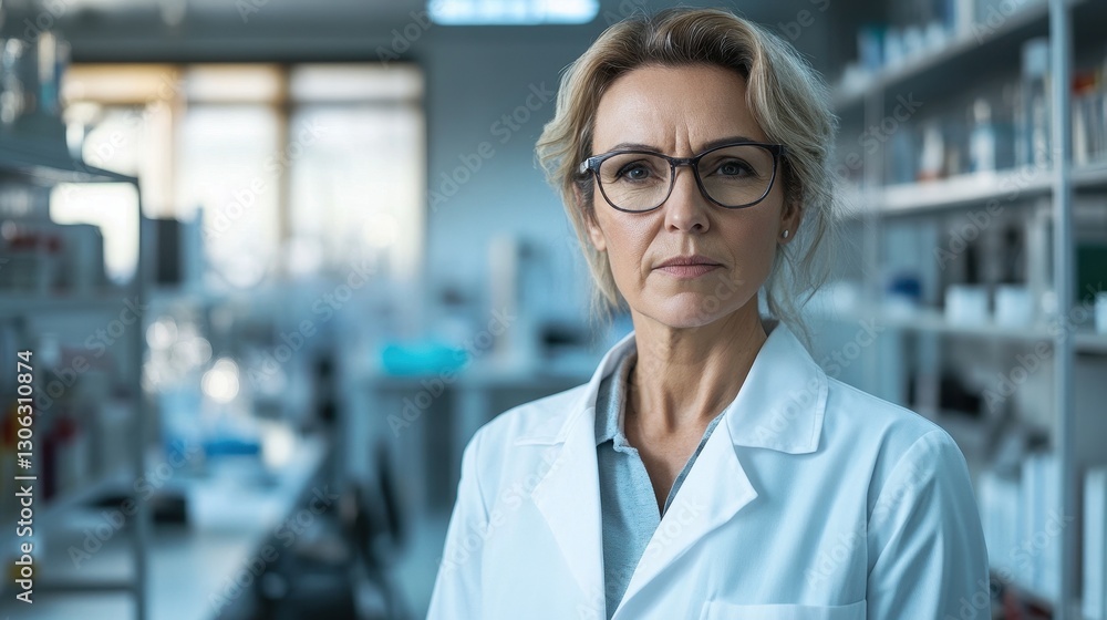 Fototapeta premium A serious middle-aged woman in a lab coat poses in a laboratory setting. Her focused expression reflects professionalism and commitment to healthcare and research.