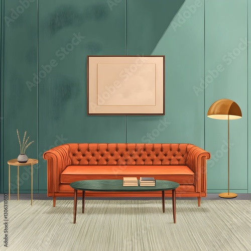 Orange Tufted Sofa in Living Room