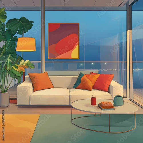 Bright Living Room with City View