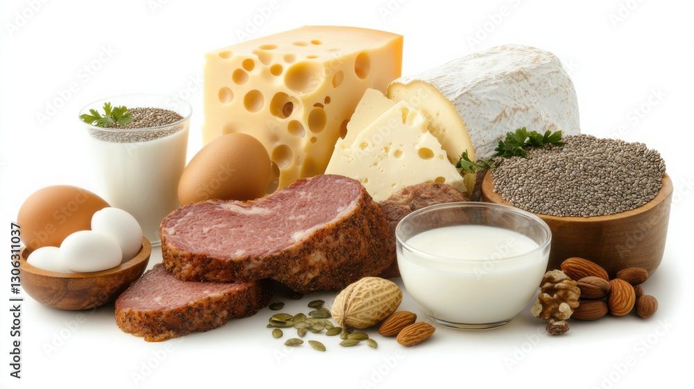 Diverse assortment of dairy, meats, and nuts displayed on a clean white background Diverse assortment of dairy, meats, and nuts displayed on a clean white background