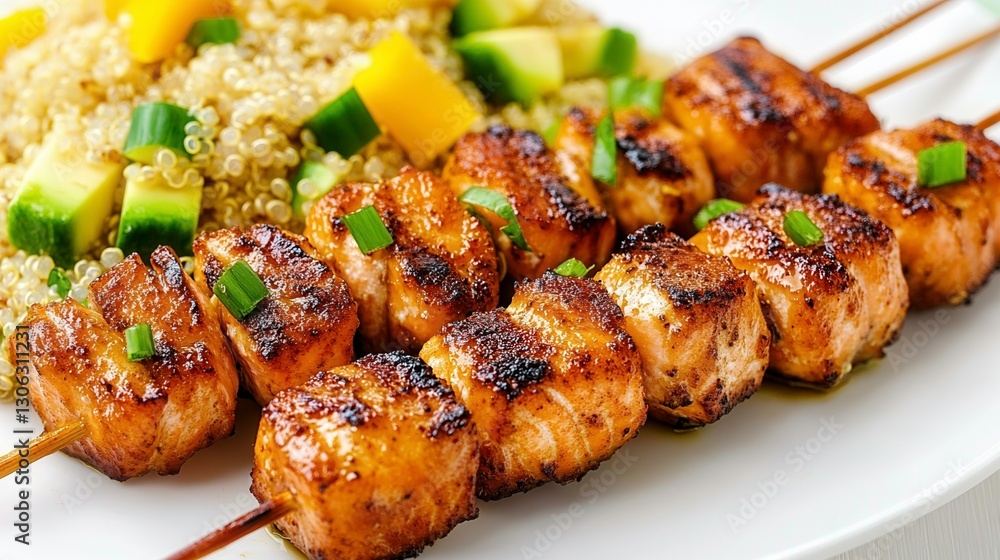 Grilled Salmon Skewers with Quinoa and Fresh Vegetables on a Plate Grilled Salmon Skewers with Quinoa and Fresh Vegetables on a Plate