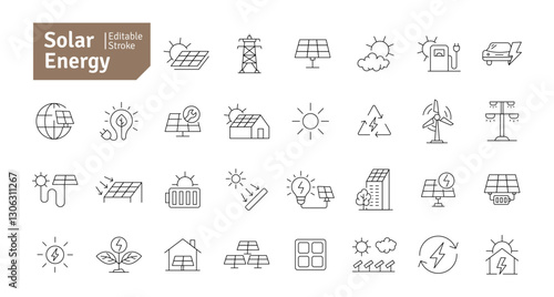 Solar Energy Icons Set. Solar Panel, Green Energy, Sun Energy, Solar Battery, Energy Saving, Solar House, Ecology, Electricity, Renewable Energies Editable Stroke Vector Illustration