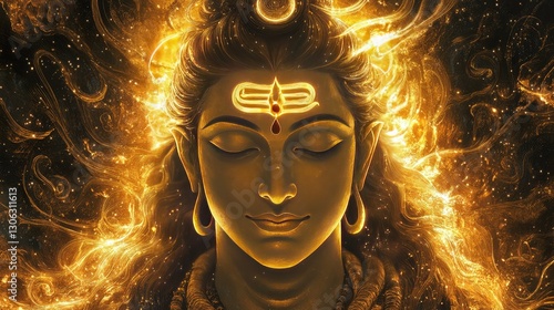 Wallpaper Mural The serene face of Lord Shiva illuminated by golden light, with intricate hair and divine symbols, surrounded by cosmic elements Torontodigital.ca