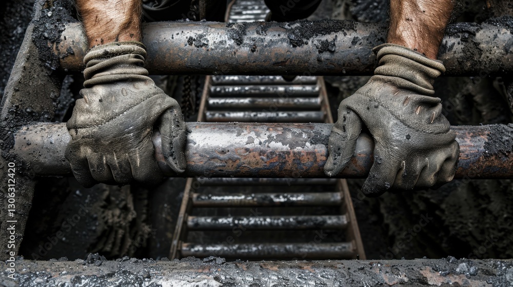 Miner Gripping Sturdy Metal Railing on Steep Ladder into Shaft Miner Gripping Sturdy Metal Railing on Steep Ladder into Shaft